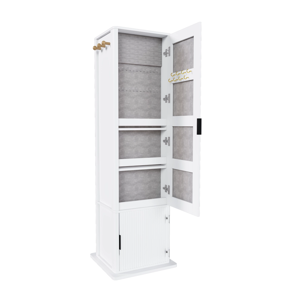 Mobile portagioie 4 in 1 girevole a 360° con specchio a figura intera; ripiani e 6 ganci; bianco