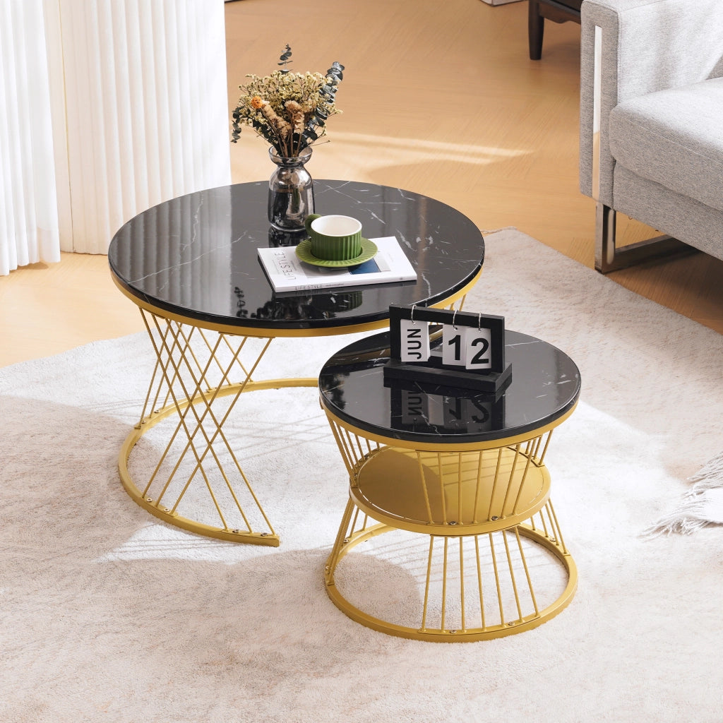 Set Tavolini da Salotto Rotondi Sovrapponibili Effetto Marmo Nero Lucido 70x70x47 cm