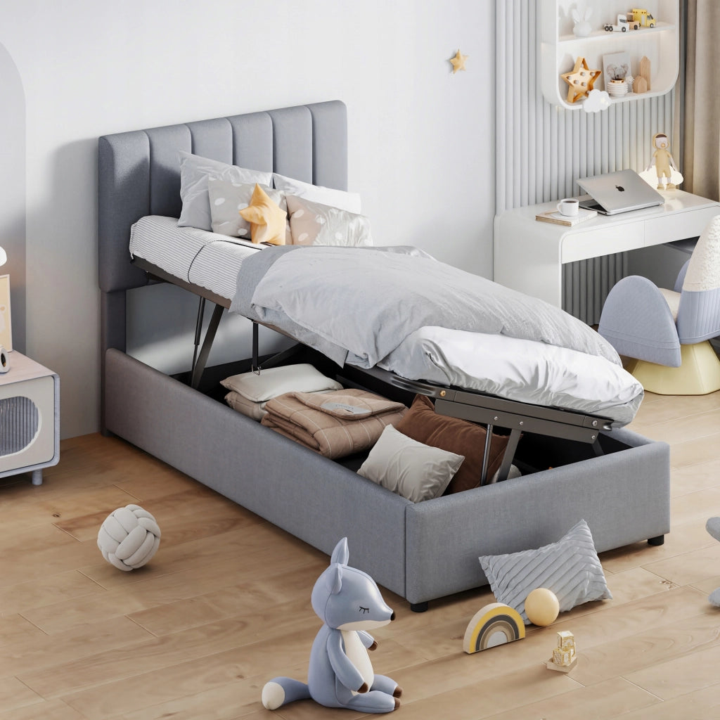 Letto singolo per bambini - Xylo - 90x200 - Grigio - Stelaio idraulico