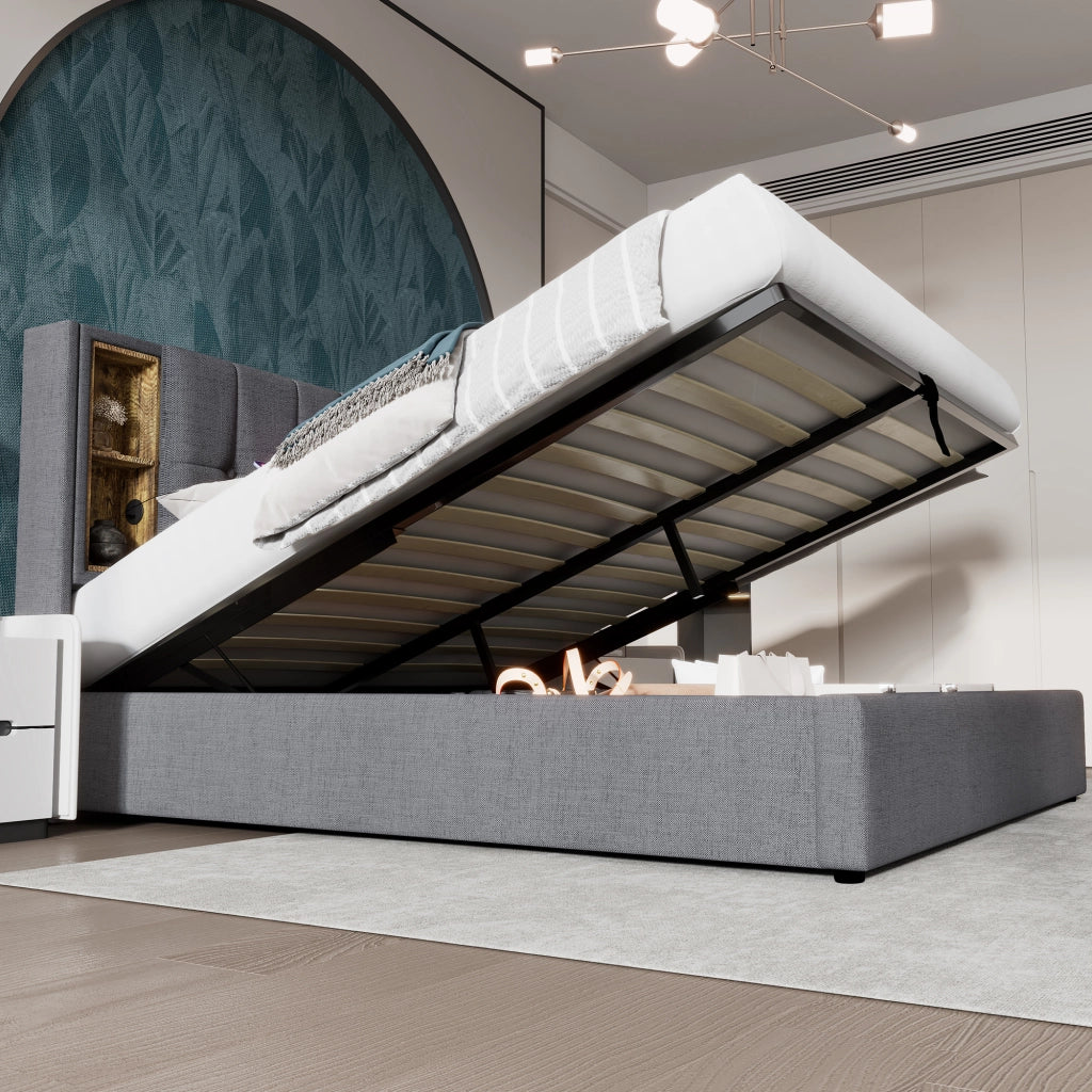 Letto matrimoniale contenitore 160 × 200 cm con ricarica wireless USB e USB C in cotone grigio