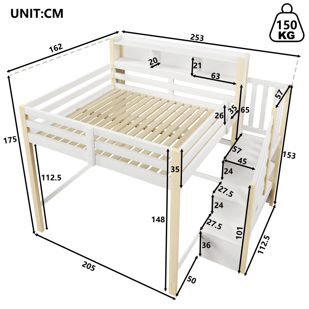 Letto a soppalco 140x200 cm con LED; scala contenitore e vani a giorno bianco naturale