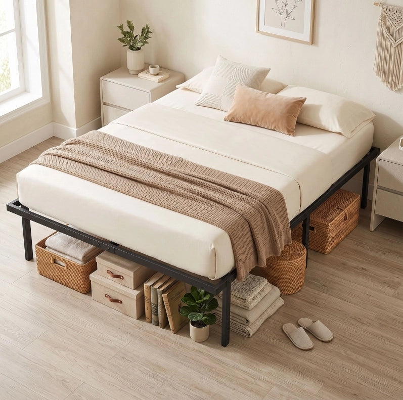 Letto matrimoniale in metallo 140x200 cm nero con rete a doghe e spazio contenitore