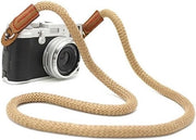 Cinturino per la spalla, cinturino per la vita, cinturino per il collo e guanto per il polso in cotone beige, adatto per fotocamere reflex digitali.
