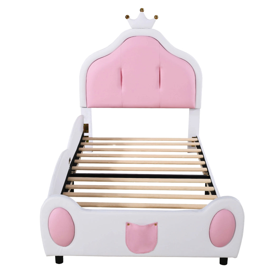 Letto singolo 90 × 200 cm imbottito con testiera a corona in similpelle bianca e rosa con rete a doghe