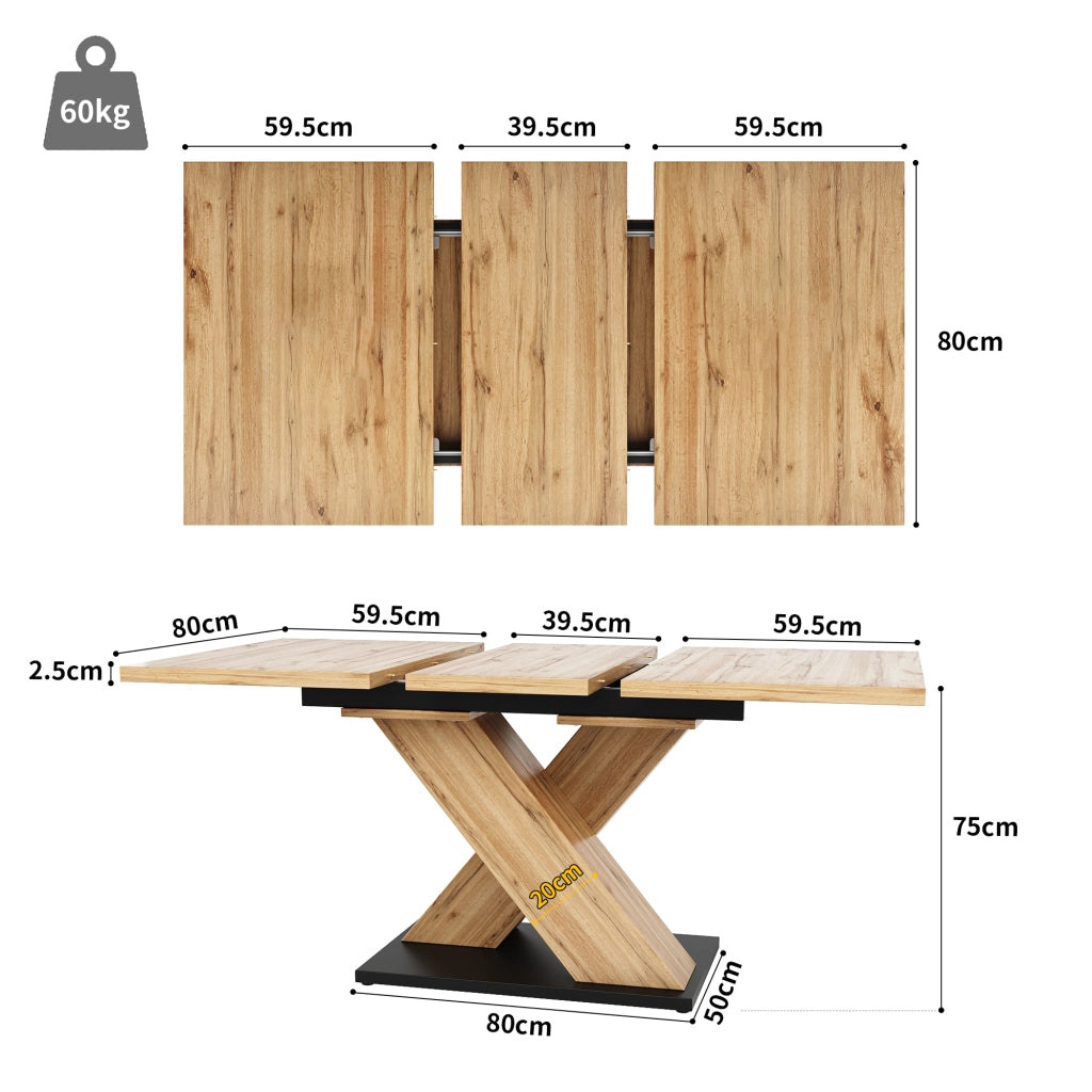 Tavolo da Pranzo Allungabile 119-158;5x80 cm 6-8 Posti LEMONMAX; Sistema Telescopico; Gambe Incrociate Regolabili; Effetto Legno Naturale