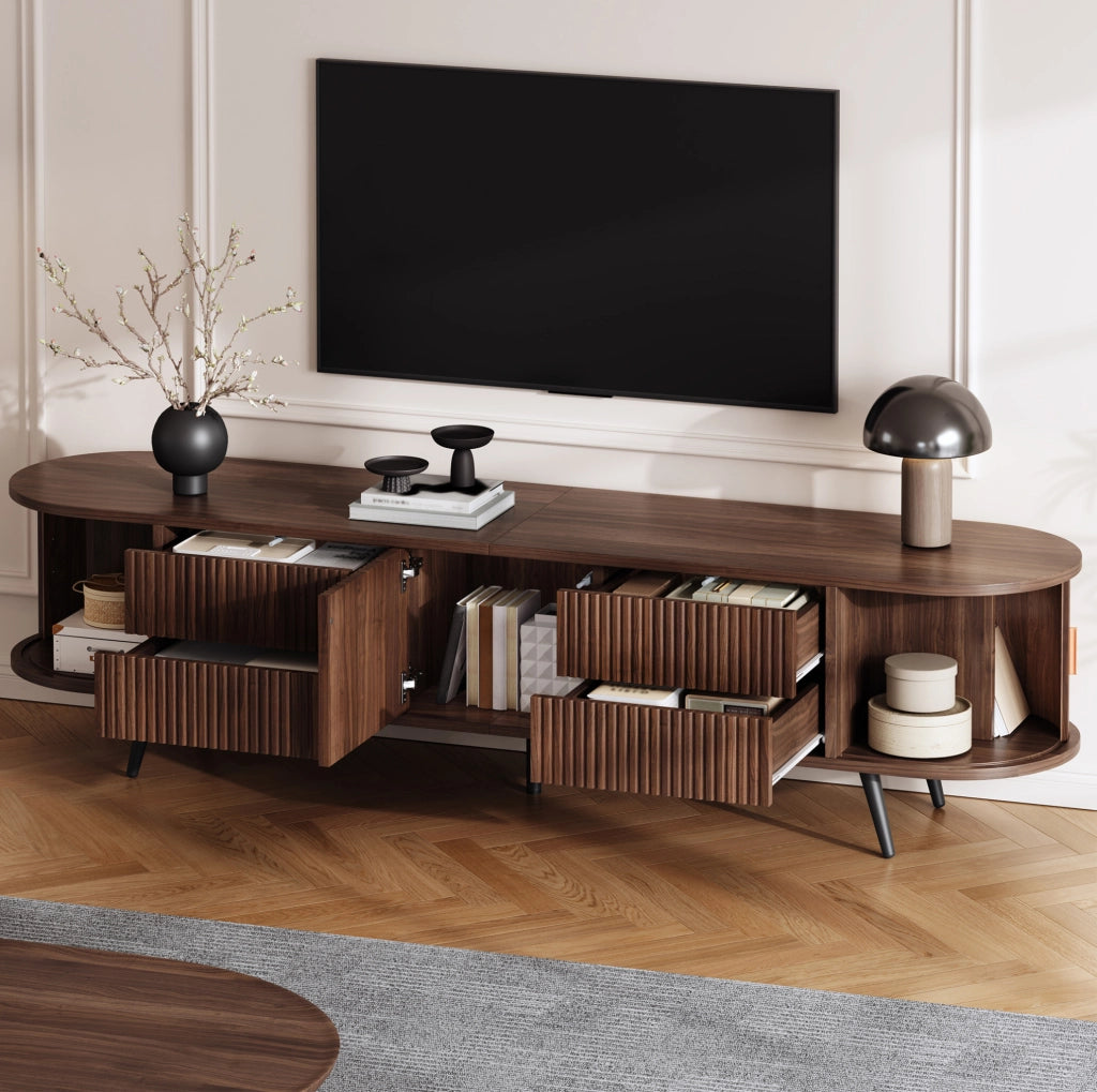 Mobile TV ovale 180x40x45 cm con 4 cassetti e anta a serranda; MDF noce