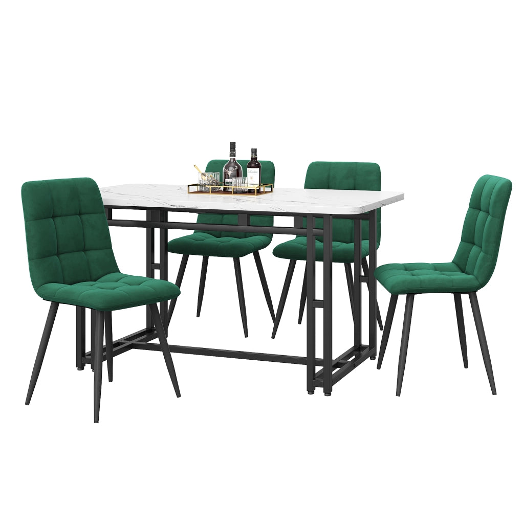 Set tavolo e sedie 5 pezzi con 4 sedie in velluto verde scuro tavolo con piano in MDF e gambe in metallo nero