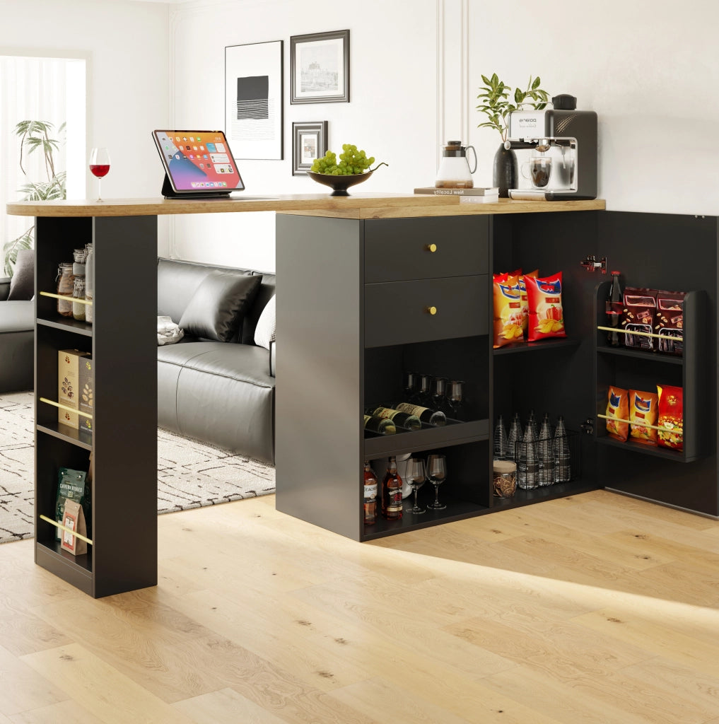 Mobile bar girevole 138x39x104 cm in MDF nero, contenitore modulare