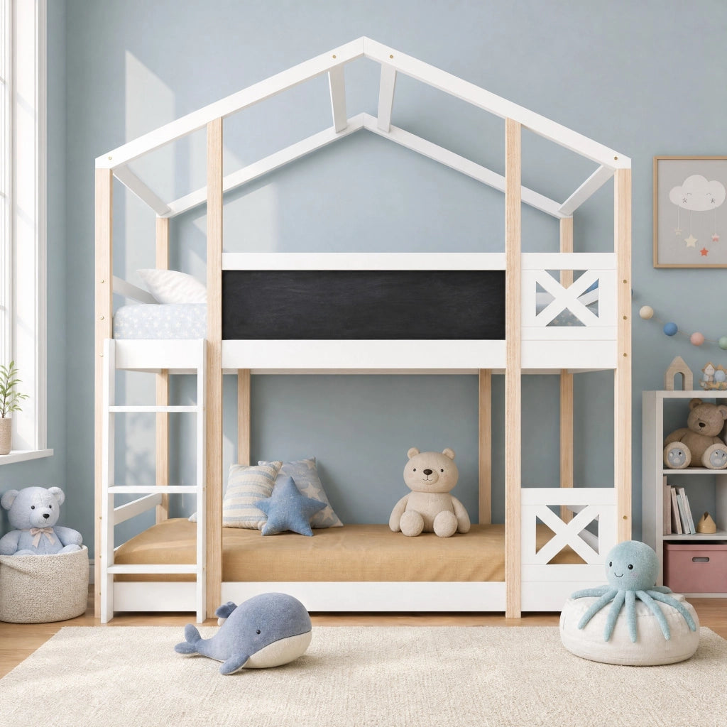 Letto a soppalco per bambini 90x200 cm con lavagna e scala