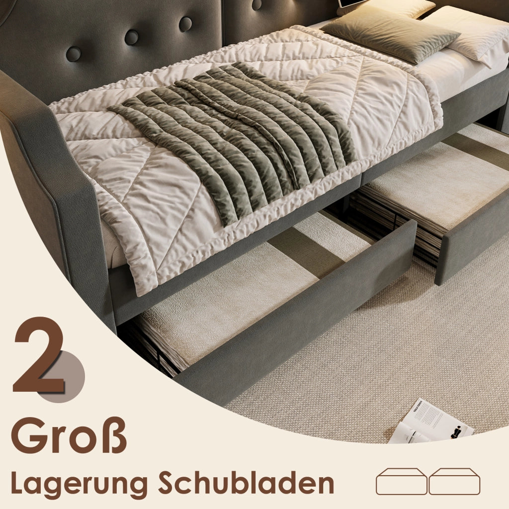 Letto con cassetti 90 × 200 cm con 2 cassetti; luce da lettura USB e Type-C; velluto grigio con rete