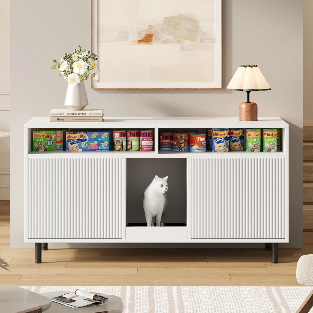 Mobile contenitore con 2 ante e ripiani con tappetino raccogli lettiera per soggiorno e ingresso; bianco; 120×50×66 cm