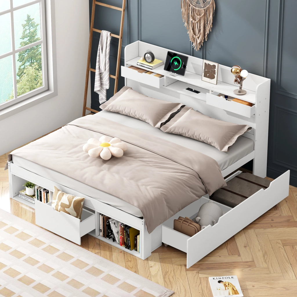 Letto con cassetti 140 × 200 cm con armadietti; USB; Type-C e due prese rotonde in legno bianco