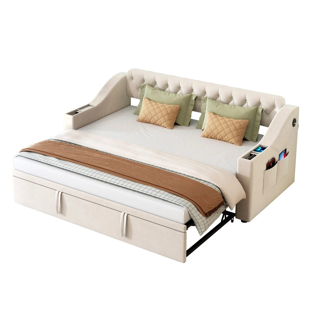 Letto Imbottito con Rete a Doghe e USB ¨C MINIMAL ¨C Velluto Beige 90x190 / 180x190