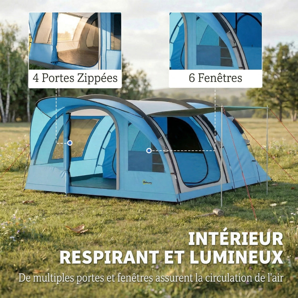 Tenda da Campeggio a Tunnel 4 Persone 3-4 Stagioni Impermeabile 3000mm Altezza 2 m Soggiorno XL 3,7 m Blu