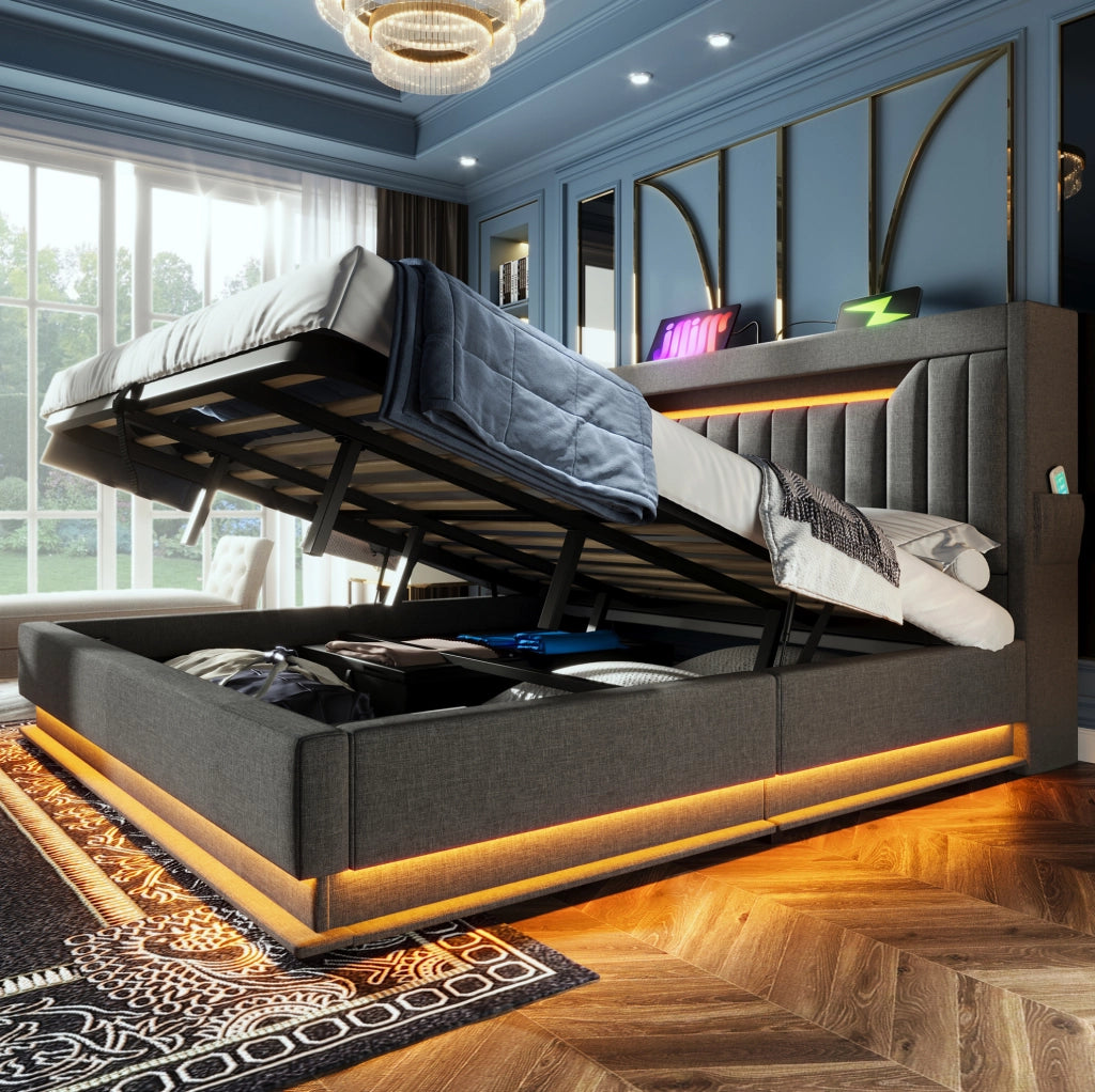 Letto contenitore 160x200 cm in lino grigio con USB e LED, senza materasso