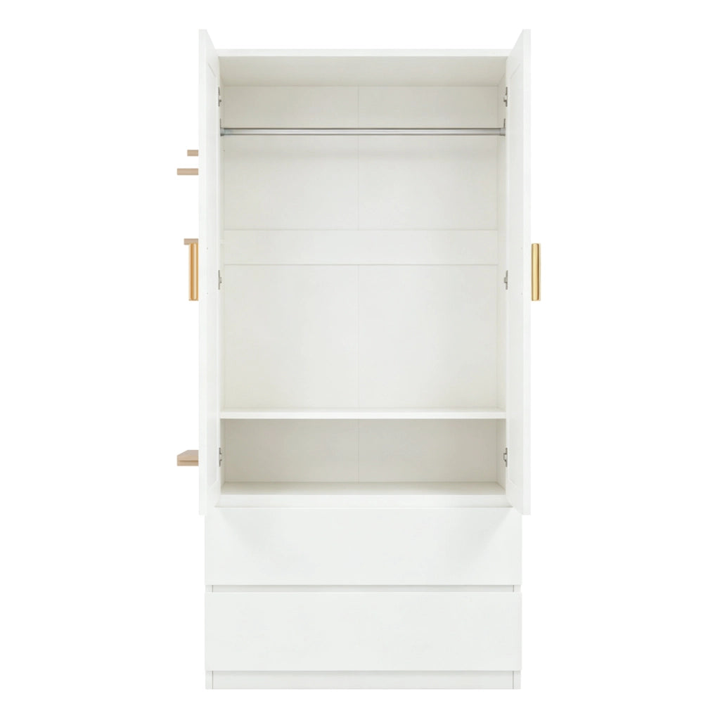 Armadio multifunzione 70x50x170 cm con 2 cassetti; vani nascosti e pannello forato bianco