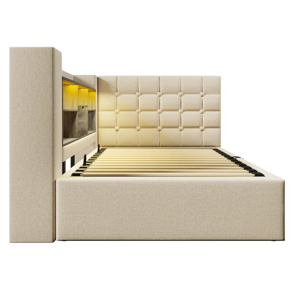 Letto singolo 90x200 cm con contenitore idraulico; LED e materasso H3 beige HOMVRA