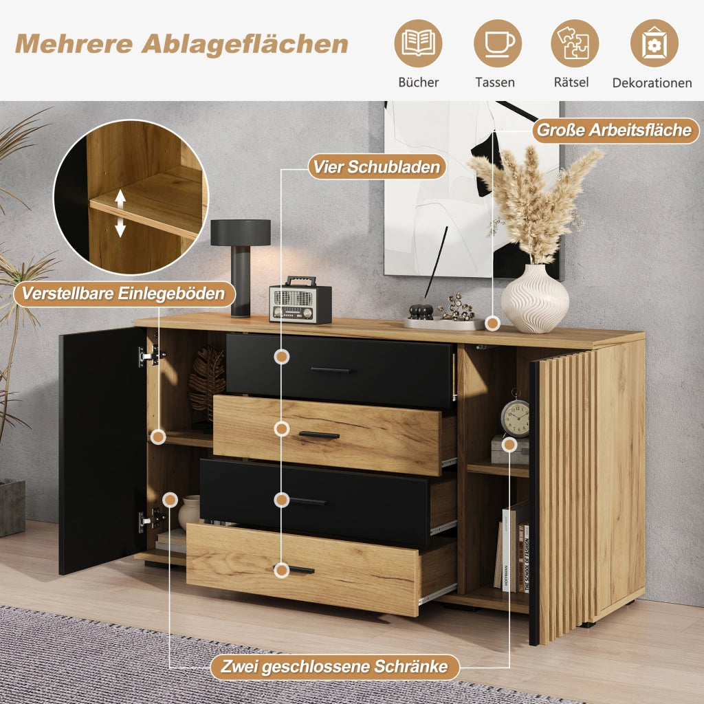 SIDEBOARD 140x35x70 cm in MDF nero e effetto rovere con 4 cassetti e 2 ante