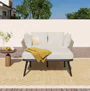 Divano da giardino con 2 cuscini e struttura in acciaio, tessuto beige e corda kaki, per esterni, balcone e terrazza