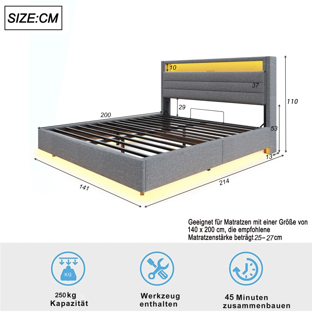 LETTO Imbottito Contenitore 140x200 cm Grigio con USB e LED