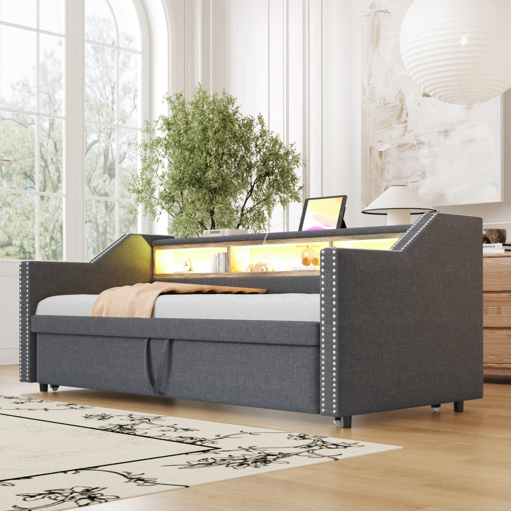Letto divano estraibile 90 × 190 cm et 180 × 190 cm con ripiani, LED et USB, con 2 materassi