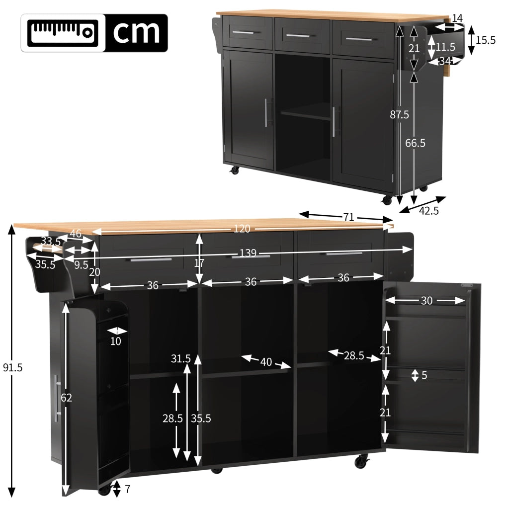 Carrello da cucina 139 x 46 x 91,5 cm nero effetto legno, piano ribaltabile, ruote