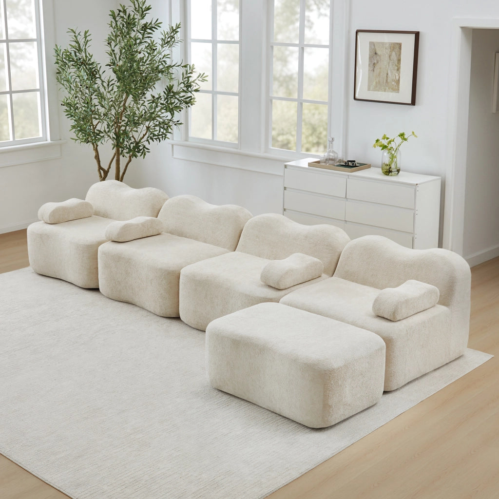 Divano modulare a L 4 posti in velluto beige con pouf; schiuma 32D; 384x167x70 cm