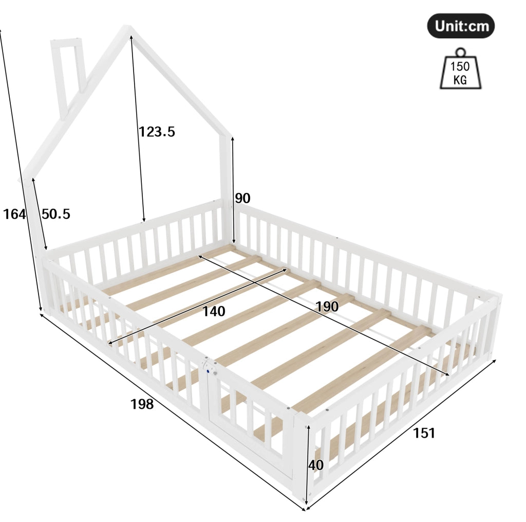 Letto per bambini 140x190 cm con camino, sponde di sicurezza e rete, bianco