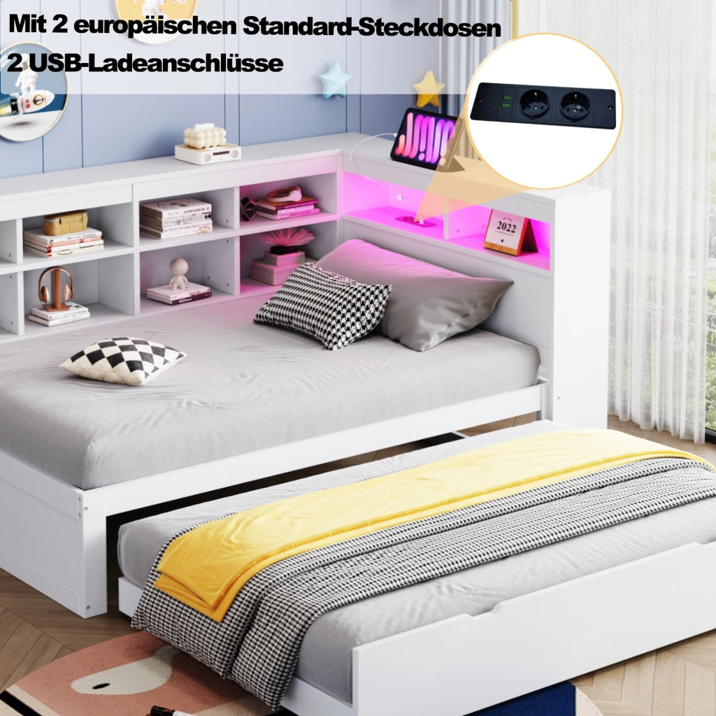 Letto con letto estraibile 90 × 200 cm con USB LED a colori ripiani e vani contenitore in legno bianco