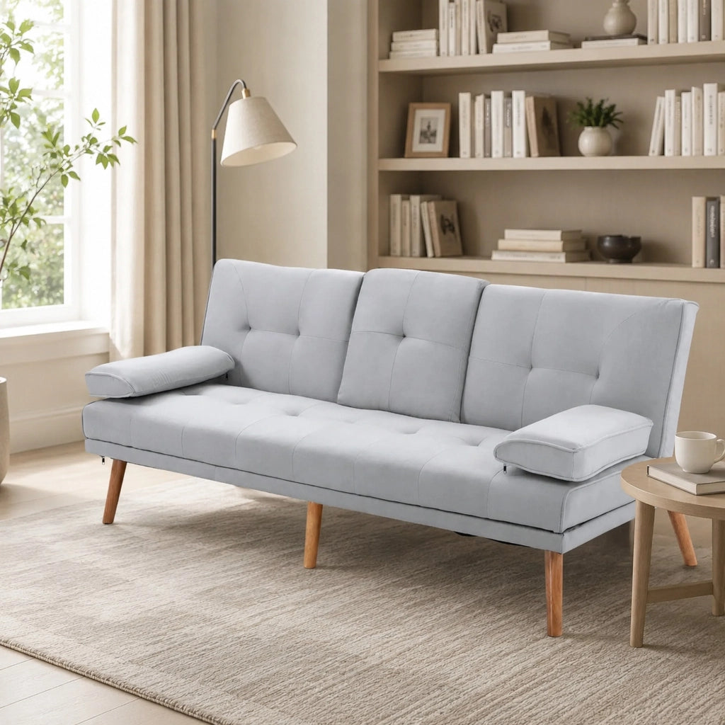 Divano letto a 3 posti con schienale regolabile e tavolino centrale in poliestere grigio chiaro 181 × 77 × 72 cm