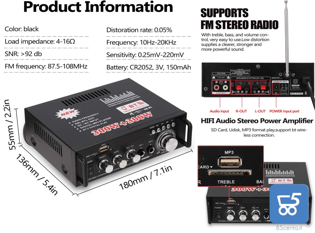 Amplificatore 600W Audio HiFi Audio Stereo Bluetooth Radio Portatile per Auto o Casa con Telecomando ed Mini Display 2CH LCD 12 V / 220 V