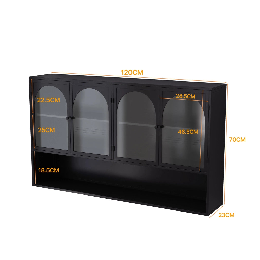 Armadio a muro 4 ante in vetro, 120 cm, vetro grigio, nero, per cucina, soggiorno, bagno