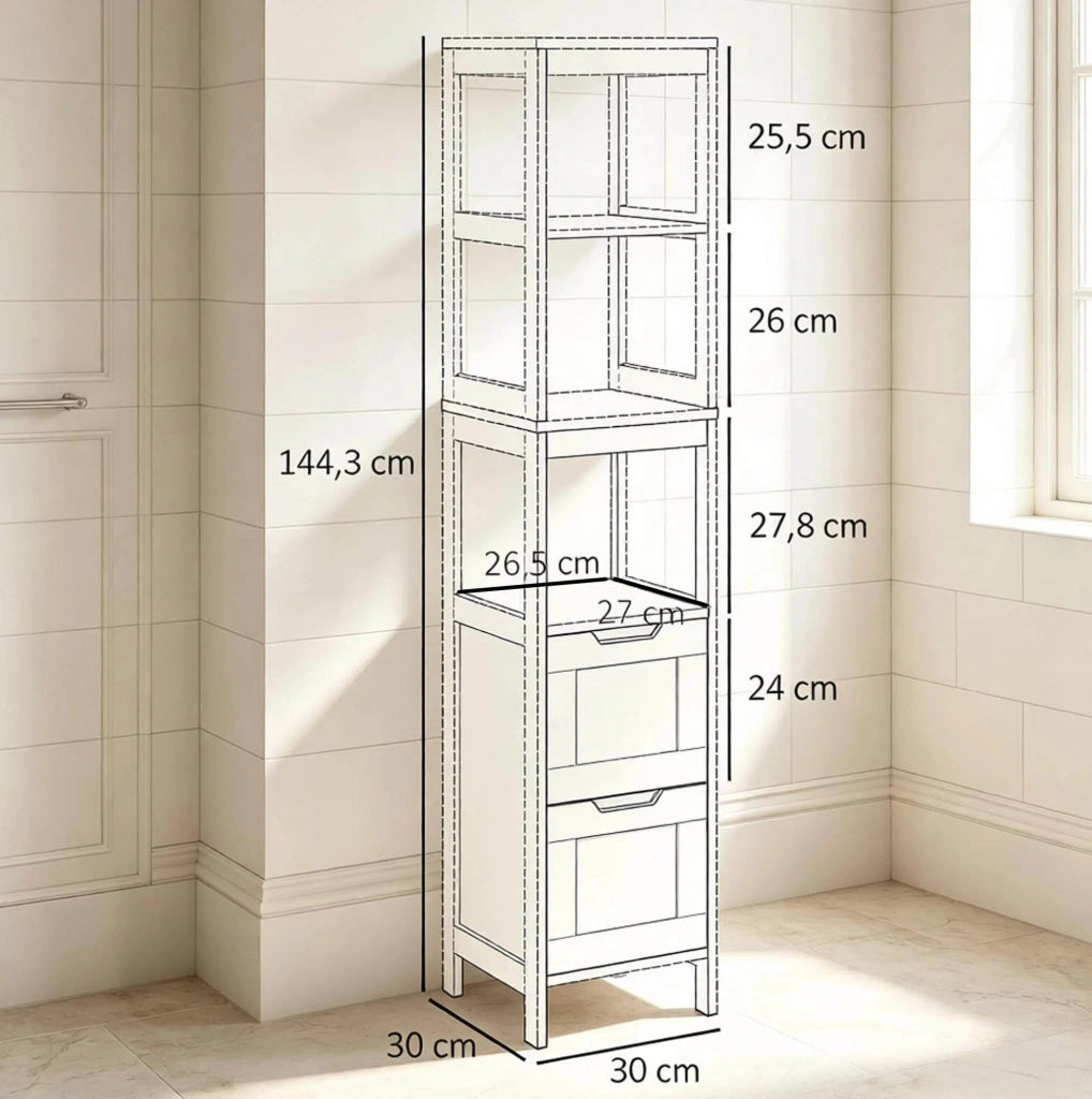 Mobiletto bagno alto in bambù e MDF con 3 ripiani e 2 cassetti, salvaspazio colore naturale e nero, 30x30x144,3 cm