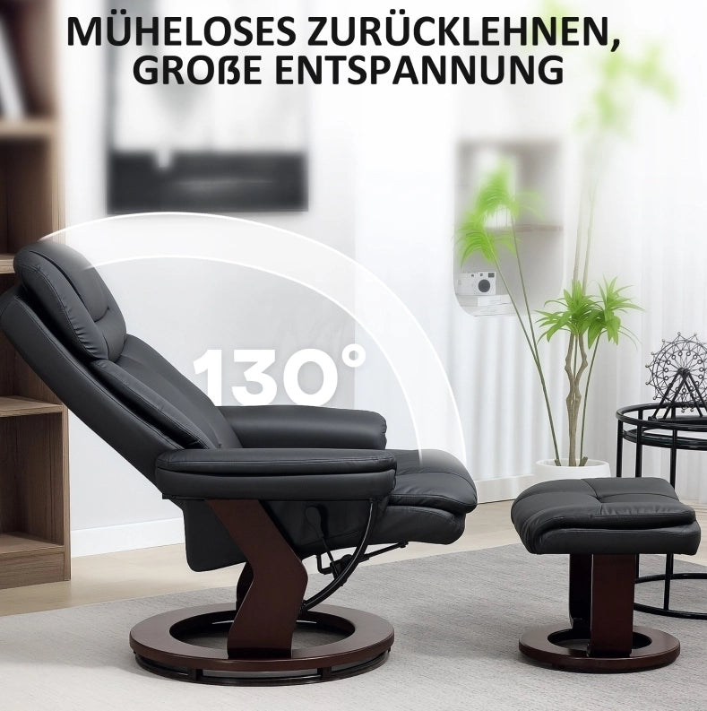 Poltrona relax girevole a 360° con poggiapiedi in similpelle nera, funzione reclinabile fino a 130° per soggiorno