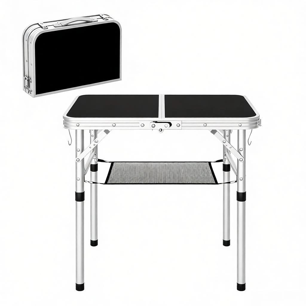 Tavolo da campeggio pieghevole regolabile in 4 altezze con rete portaoggetti nero portata 30 kg 60 × 40 cm