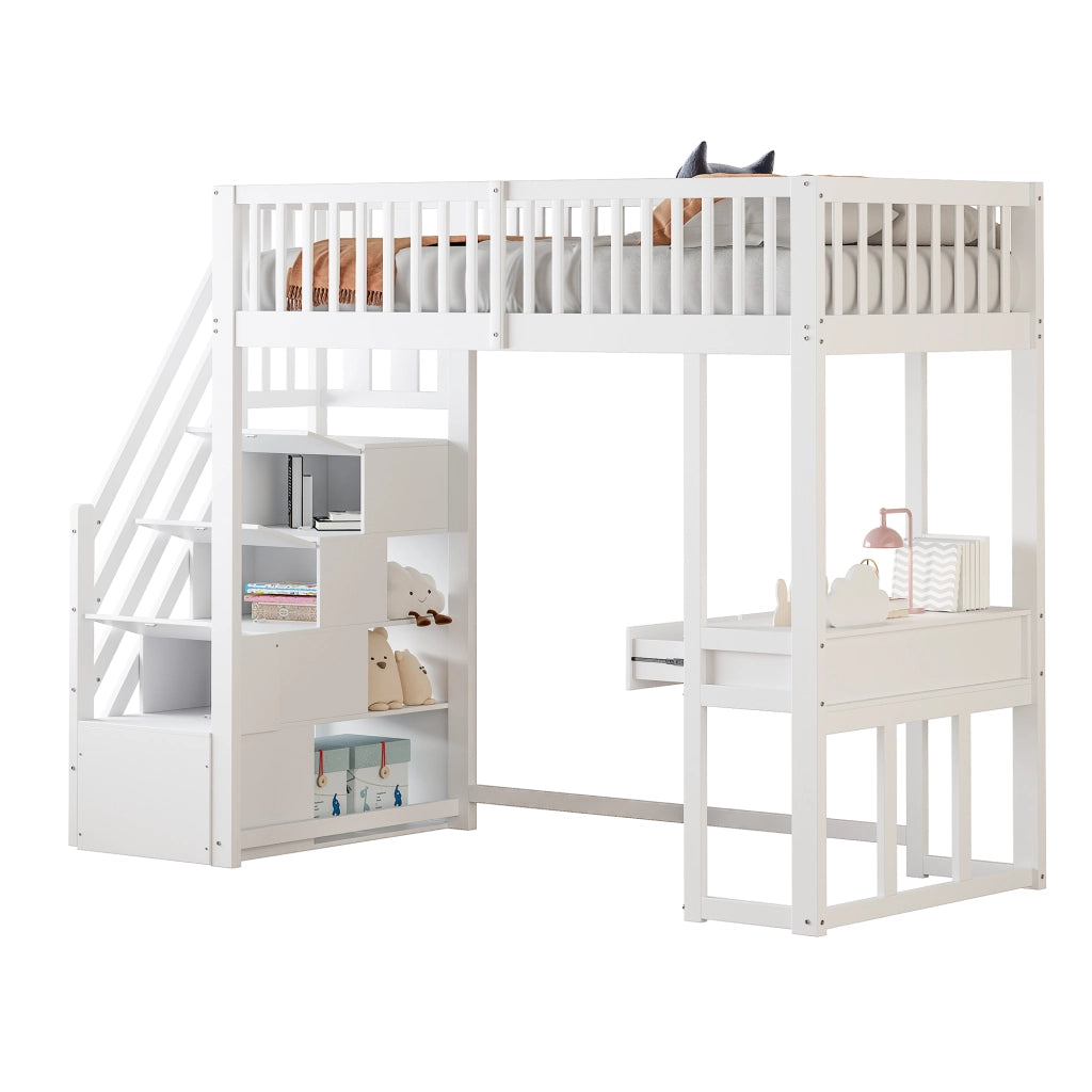Letto a soppalco 90 × 200 cm con scrivania multifunzione scala contenitore e 15 doghe in legno bianco