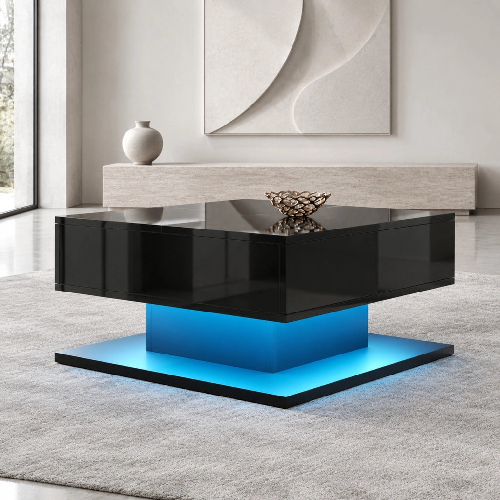 Tavolino basso alzabile con piano a ribalta due cassetti LED con controllo tramite app nero 72 × 72 × 35 cm