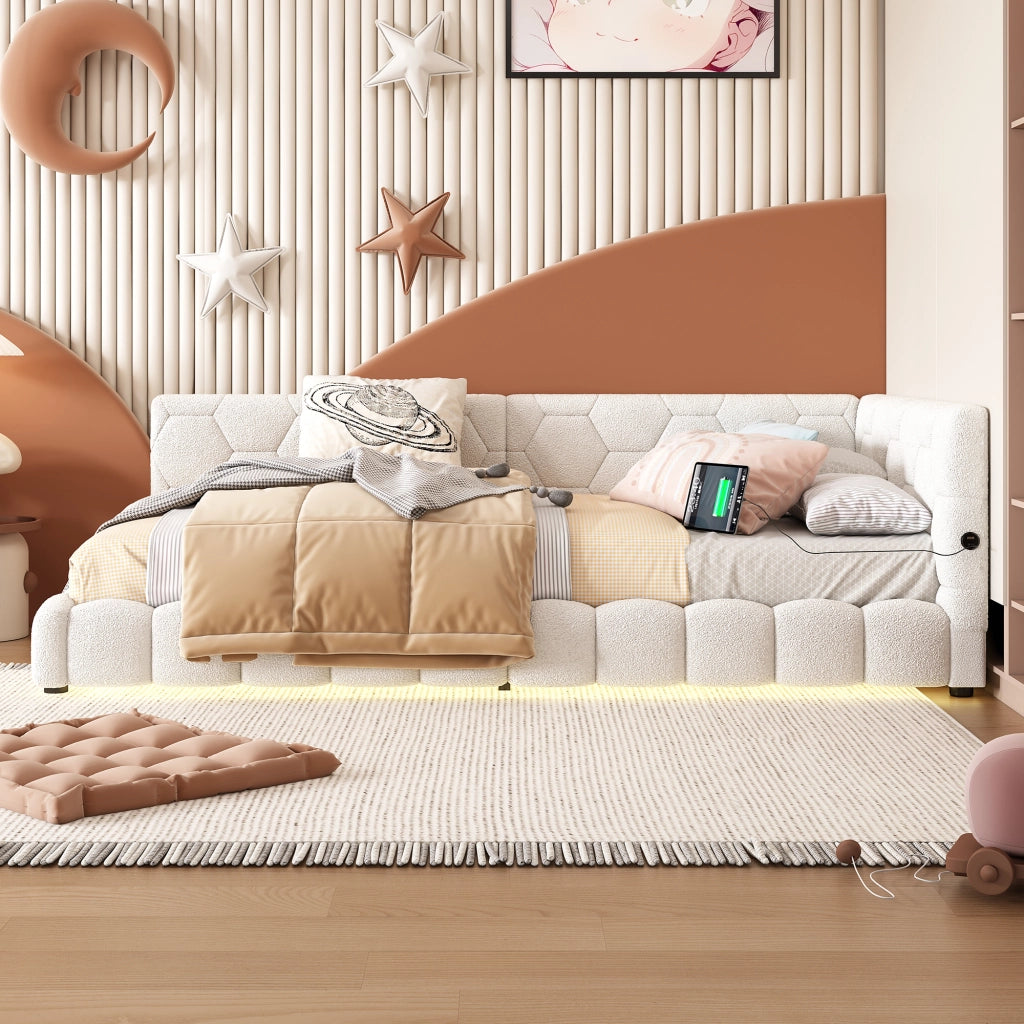 Letto divano singolo 90 × 200 cm con LED regolabile; USB e porta di tipo C; senza materasso; bianco