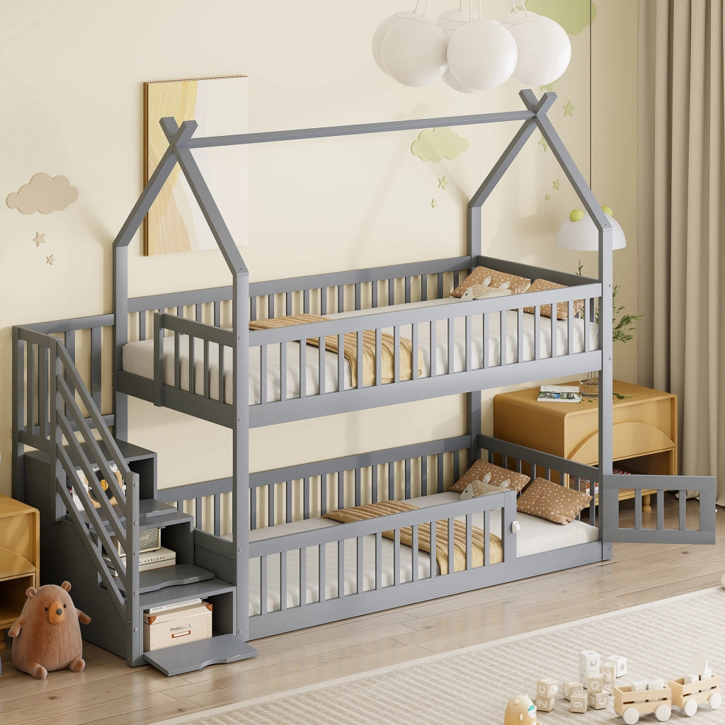 Letto a castello 90x200 in legno massello grigio con tetto e scale di sicurezza