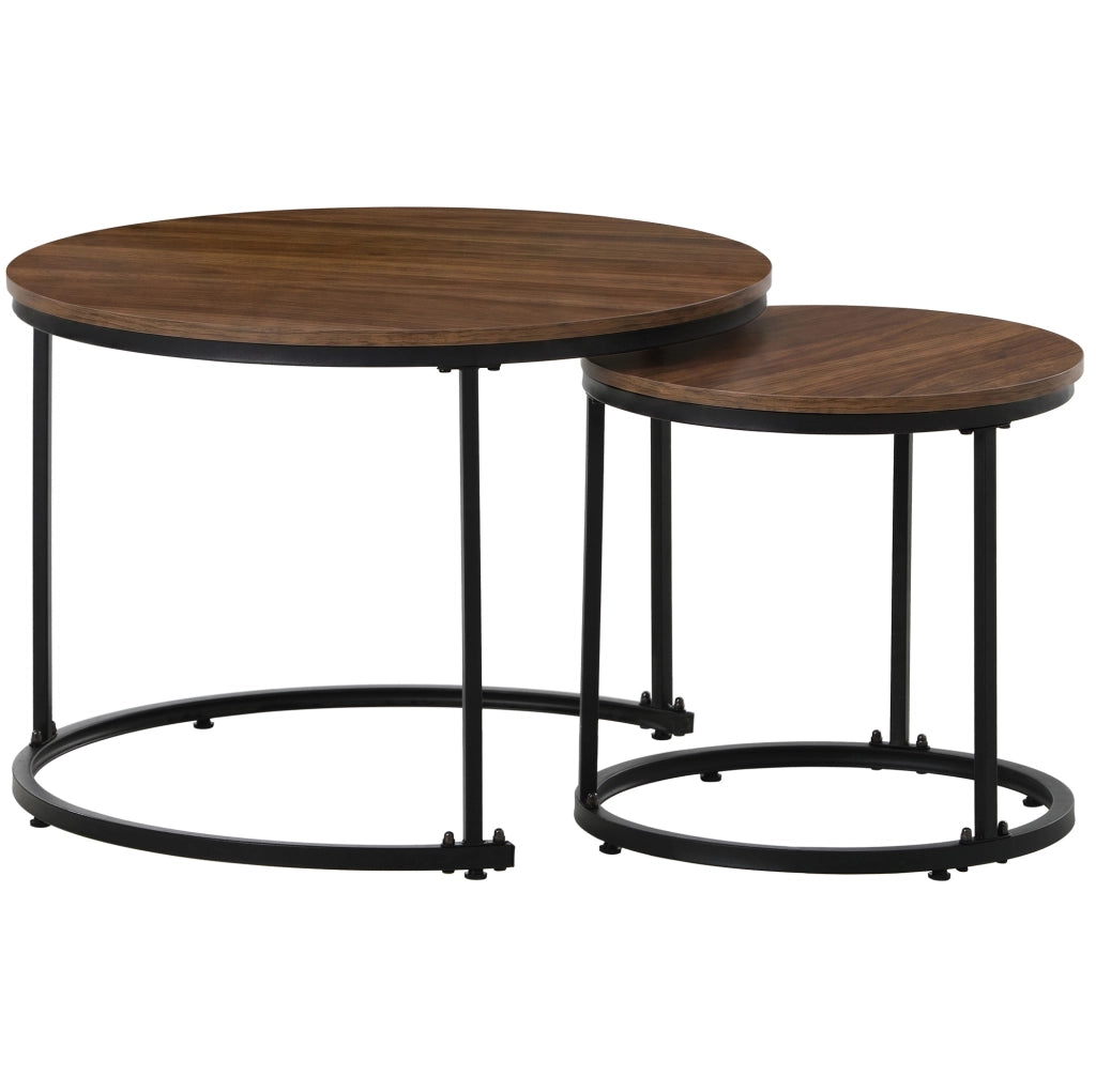 Set 2 tavolini da caffè rotondi impilabili in MDF; noce e nero