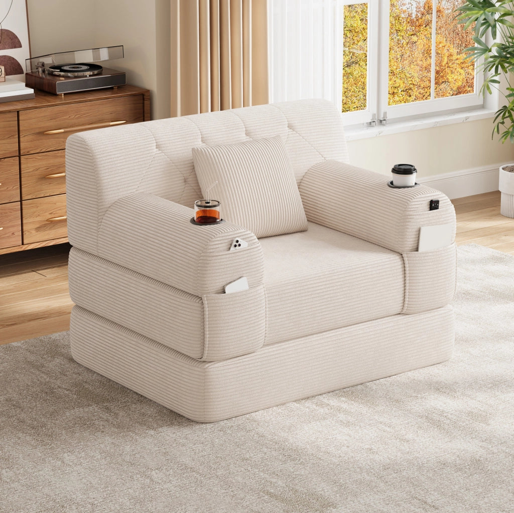Divano Letto 1 Posto in Corduroy Beige con Schienale Alto, Telaio in Metallo, 2 Porta Bicchieri e 4 Tasche Laterali, Ideale per Soggiorno e Spazi Compatti