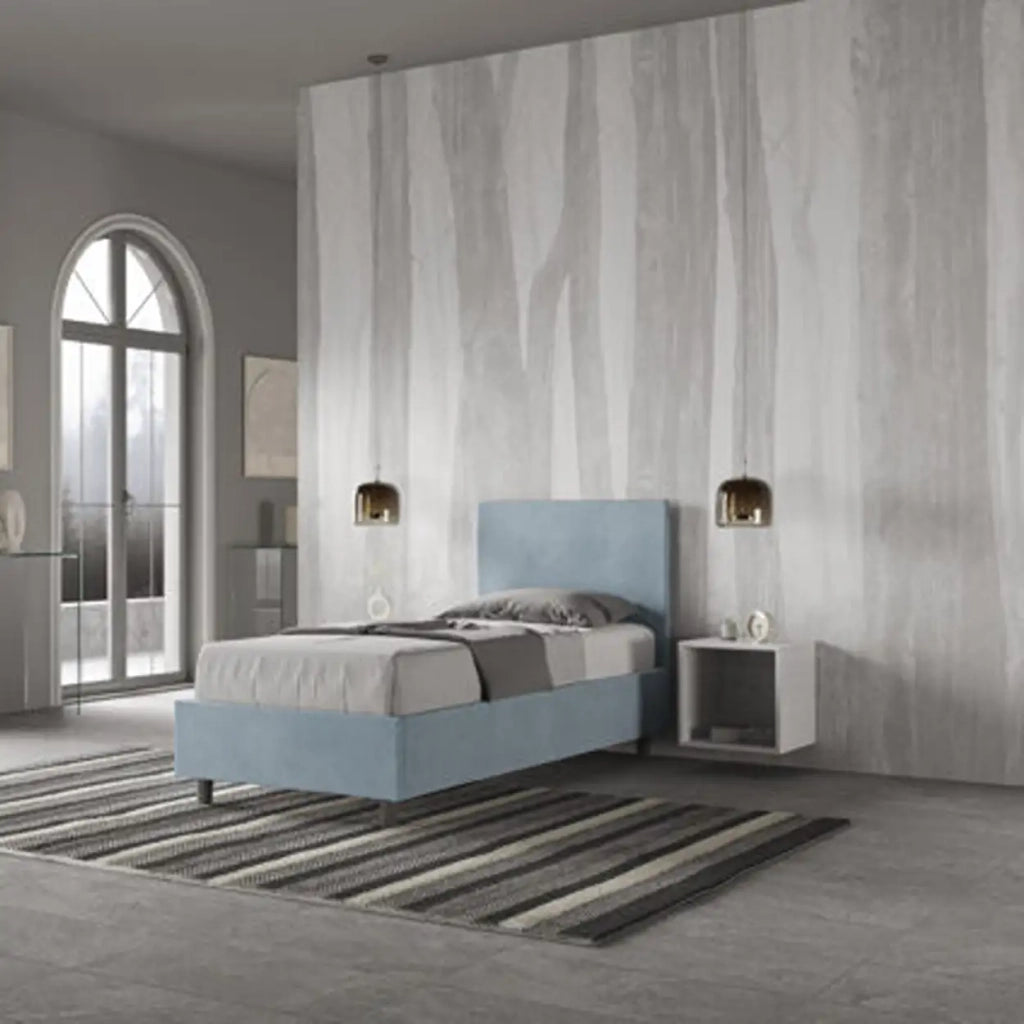Letto singolo contenitore imbottito 80x200 microfibra azzurro Adele