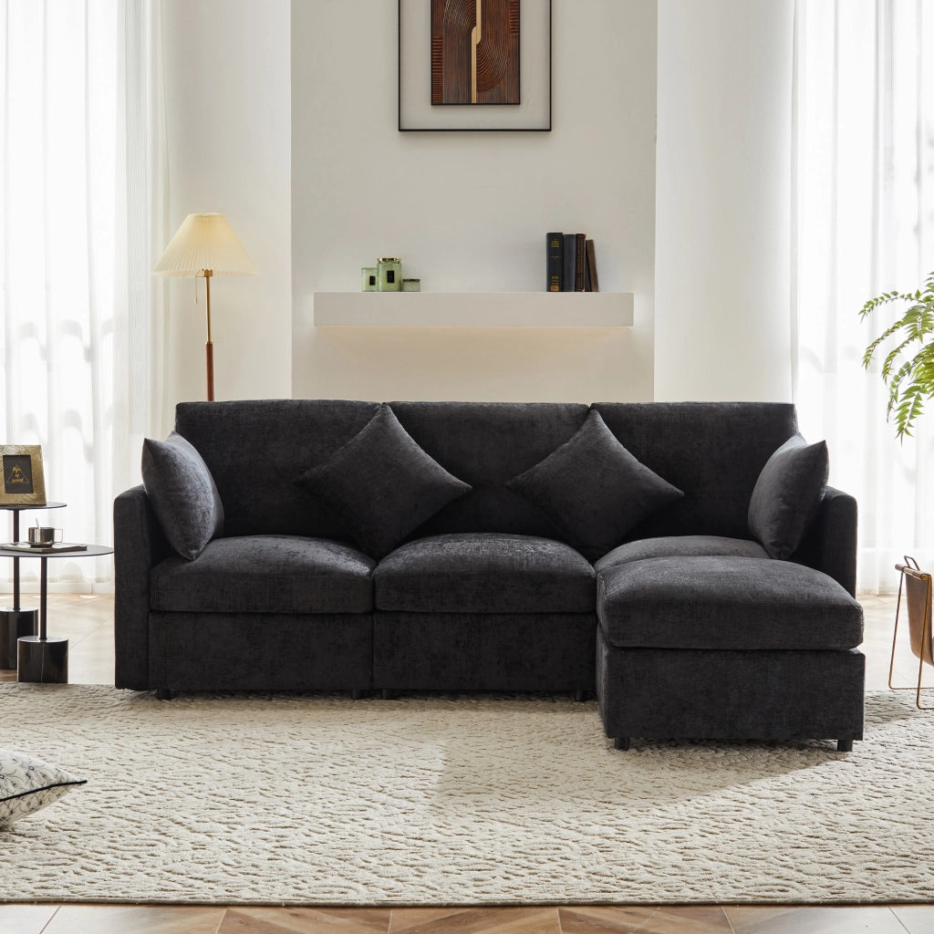 Divano modulare 3-4 posti 216x161 cm con pouf mobile e 4 cuscini in ciniglia grigio