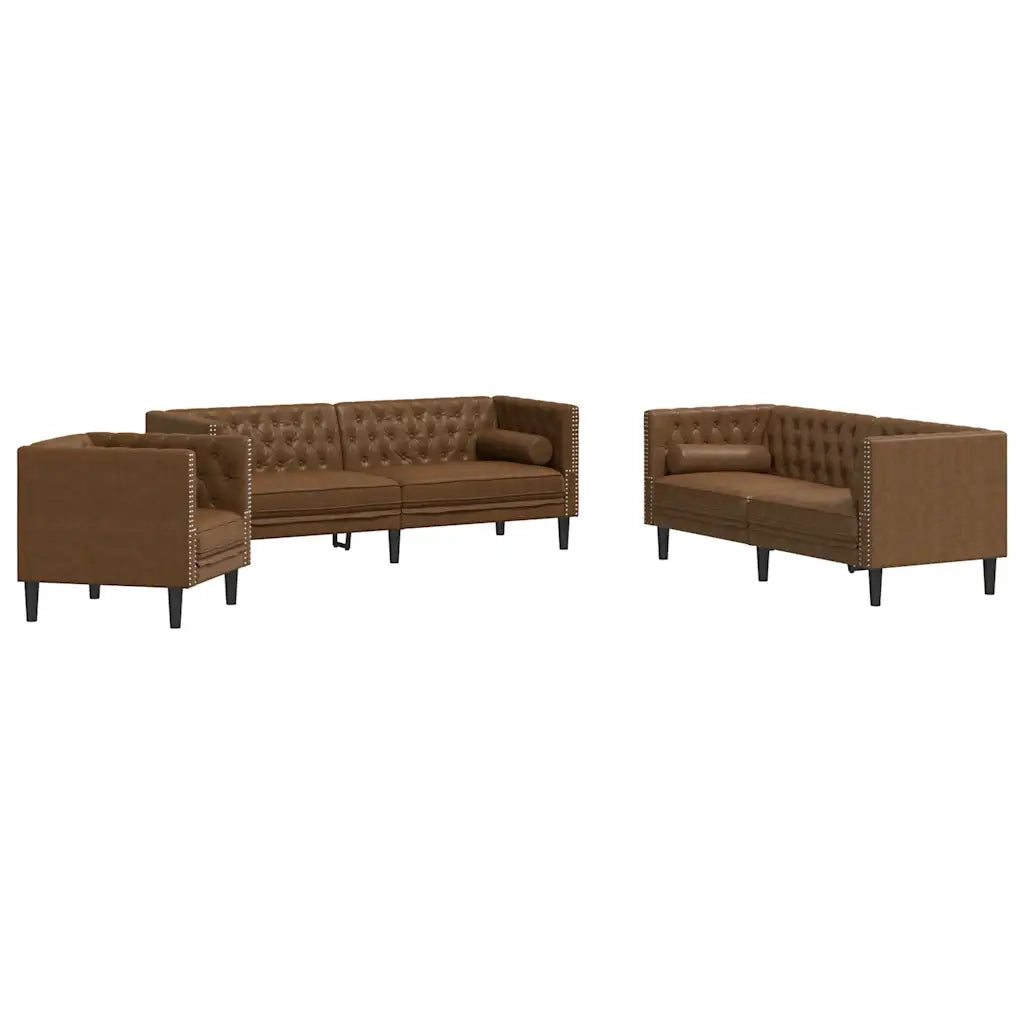 Divani Chesterfield 3pz Cuscini Marrone Similpelle Scamosciata 3209290