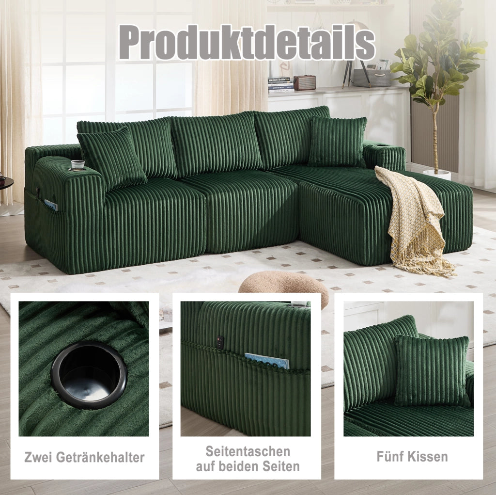 Divano modulare smeraldo con chaise longue, portabevande e 5 cuscini