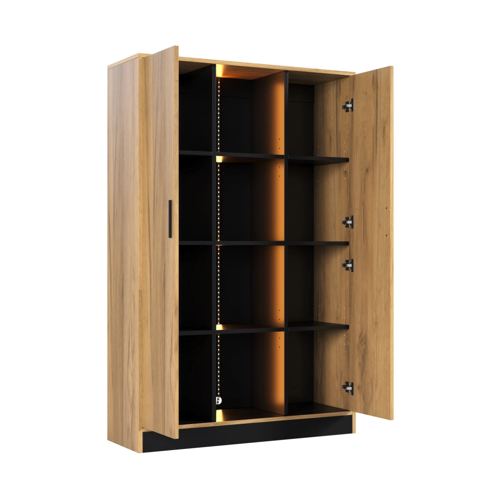 Vetrina 95x35x160 cm con LED controllabile via app; 2 ante e ripiani regolabili; rovere e nero