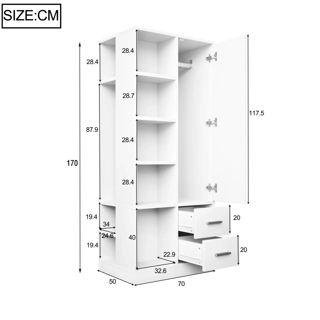 Armadio 1 anta 70x50x170 cm, bianco, con ripiani, 2 appendini separati e 2 cassetti