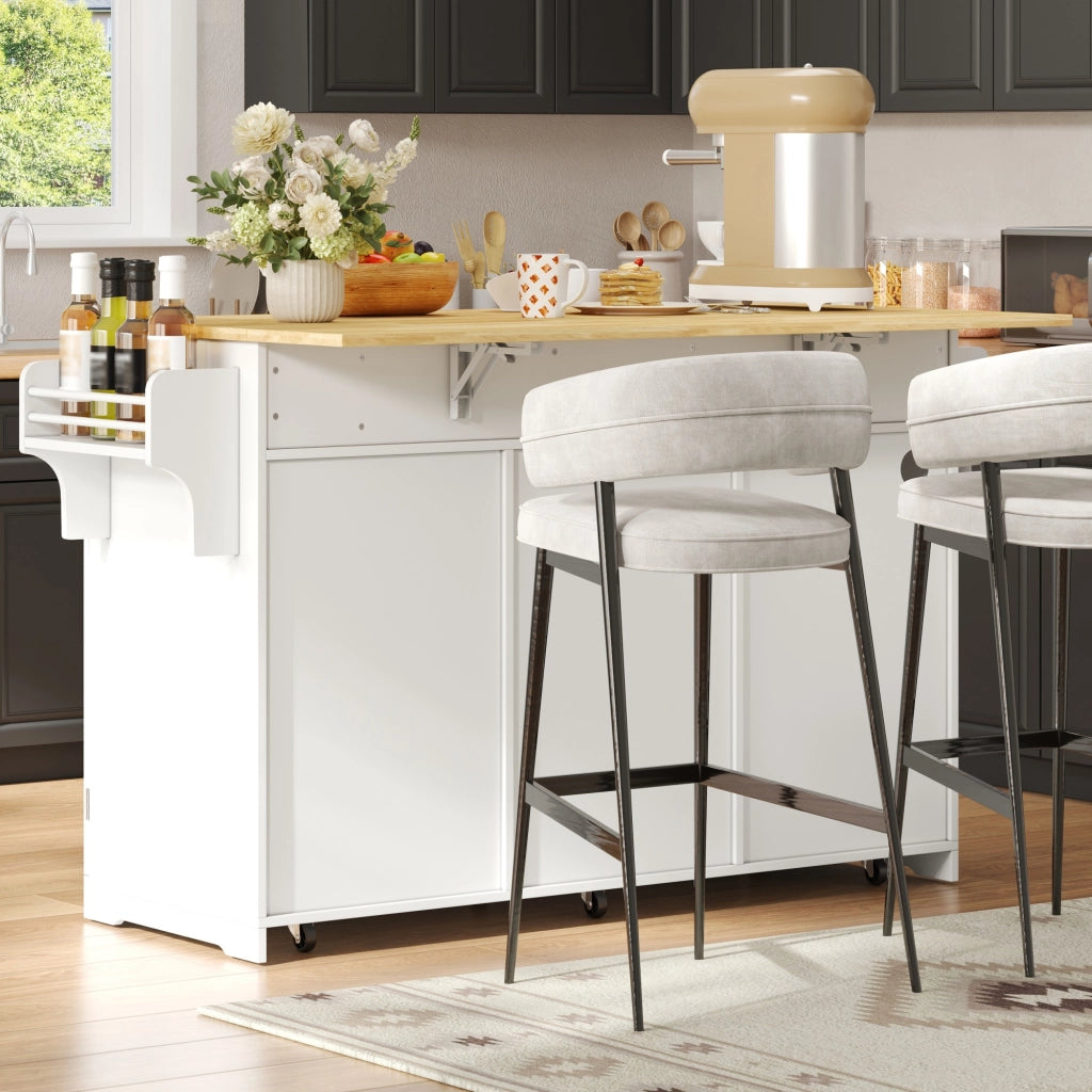 Isola da cucina mobile, carrello da cucina, credenza, piano di lavoro pieghevole, 3 cassetti, mobile con cestino dei rifiuti,, bianco e legno naturale