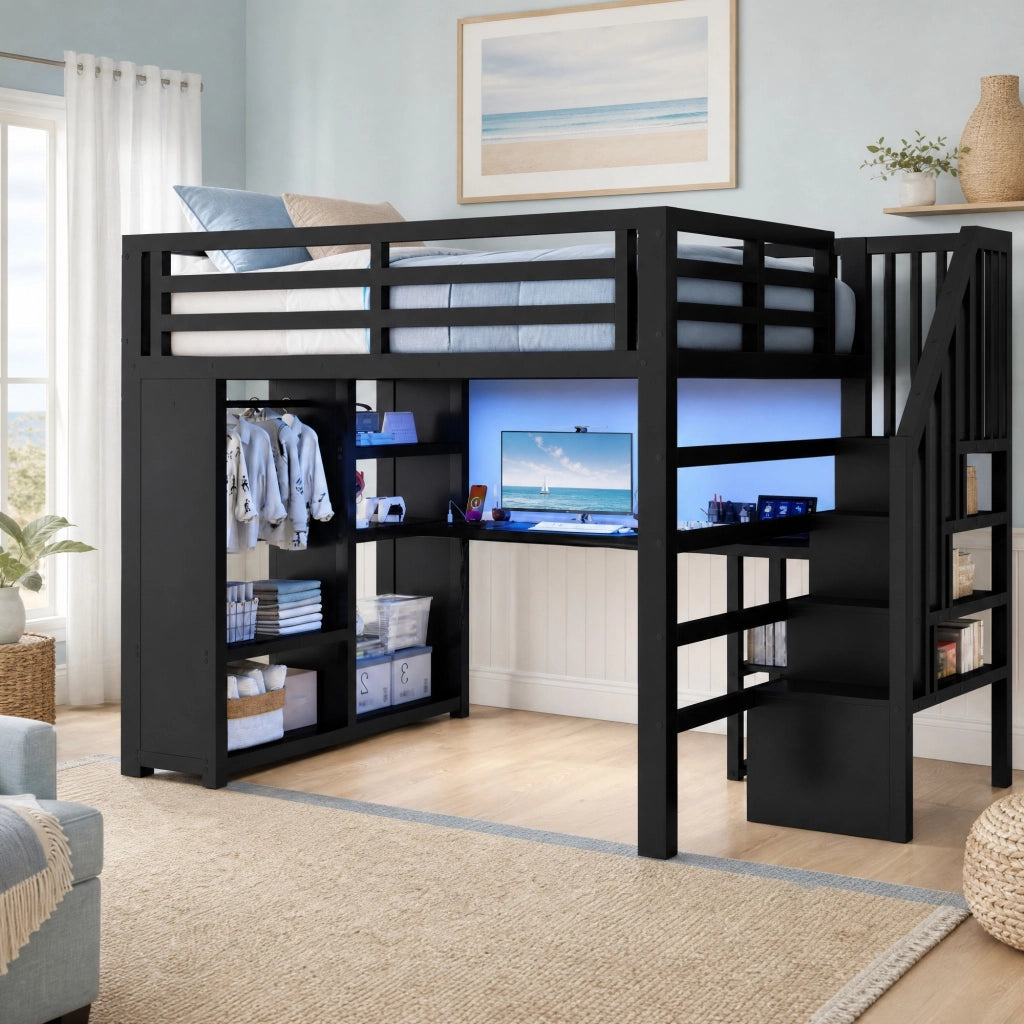 Letto a soppalco in metallo 140x200 cm con scrivania, LED, armadio aperto e scale nere