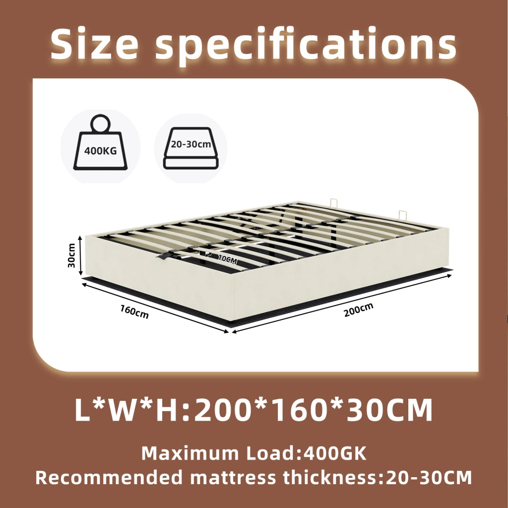 Letto matrimoniale 160 × 200 cm 2 posti senza testiera, materasso incluso, struttura in tessuto e metallo beige